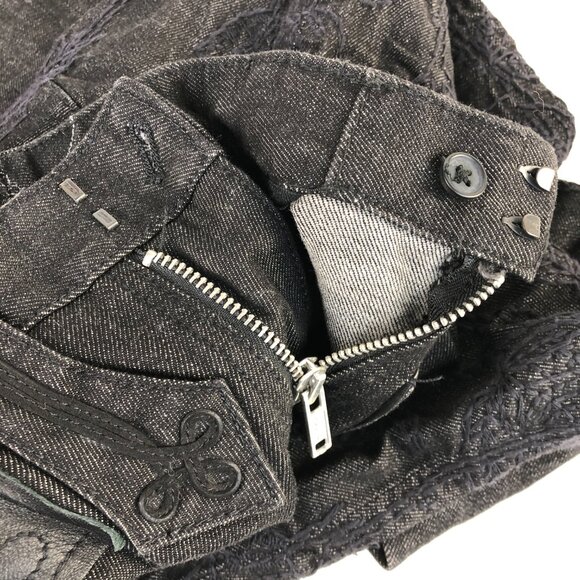 Denim Lab Black Leather Embroidery Skinny Ultra Low Rise Jeans - Picture 11 of 12